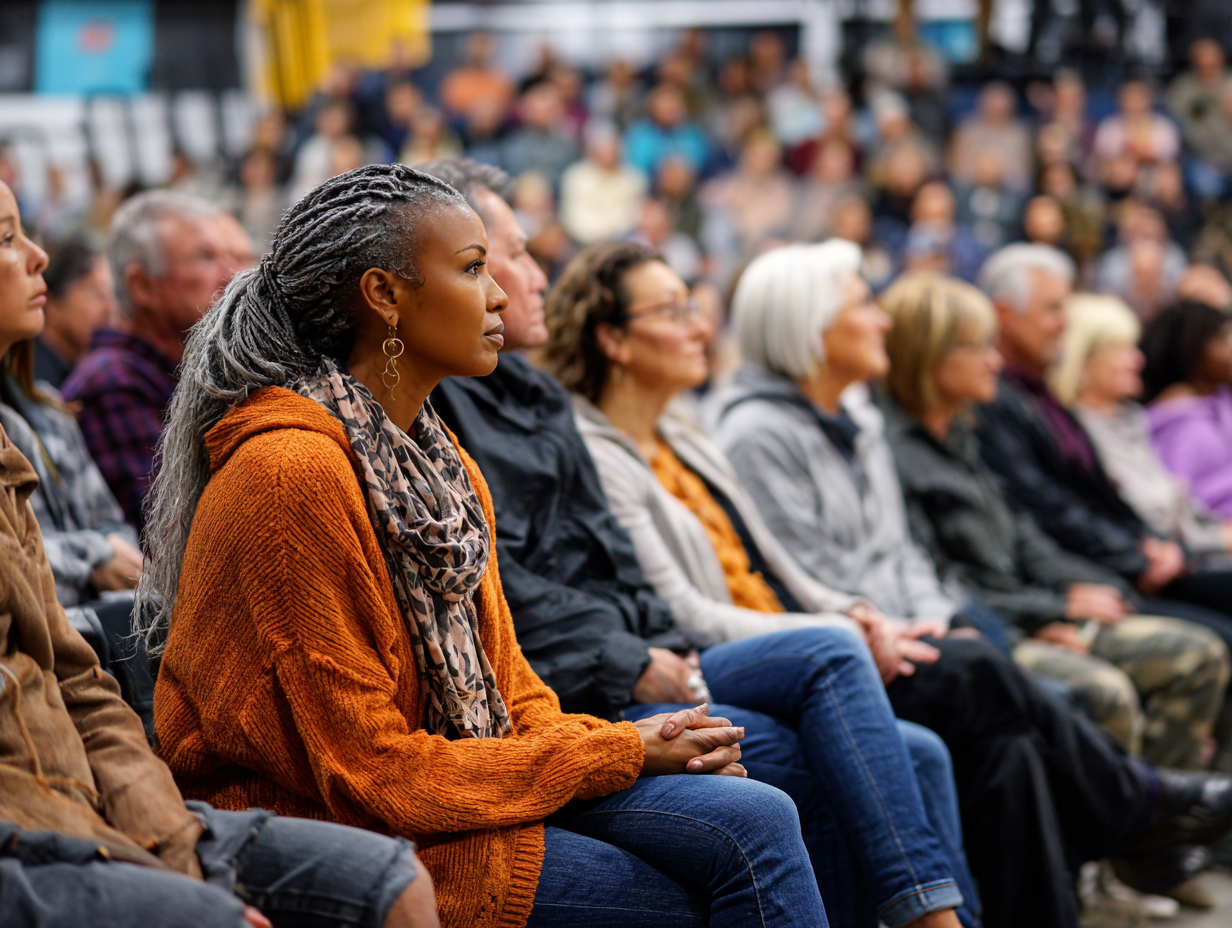 Community meeting with attendees listening attentively