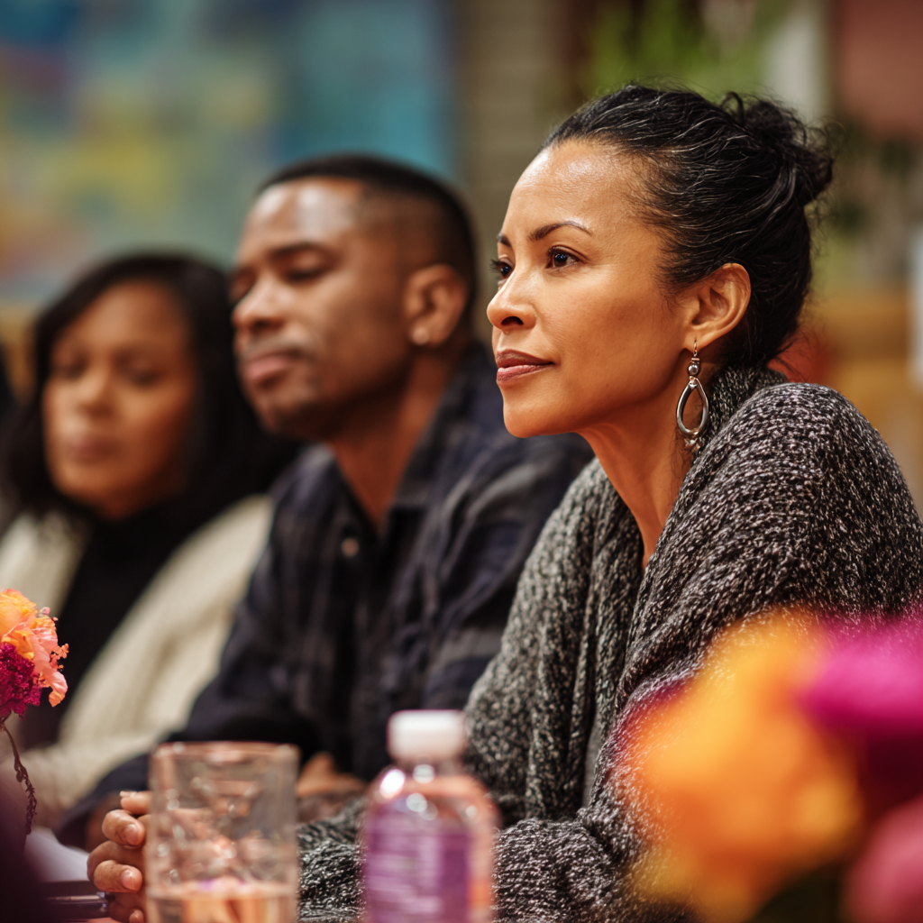 Woman listening attentively during a meeting